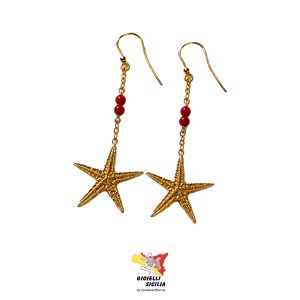 Orecchini Donna Argento Italiano Stella Marina e Corallo Naturale Oro Giallo - SLOR036